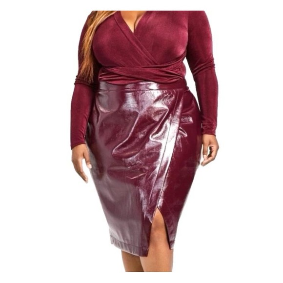 Nina Parker Dresses & Skirts - Nina Parker Shiny Burgundy Faux Leather Pencil Skirt Plus Size 18W Slit